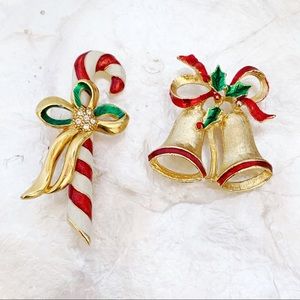 New View Candy Cane Bells Christmas Brooches VTG